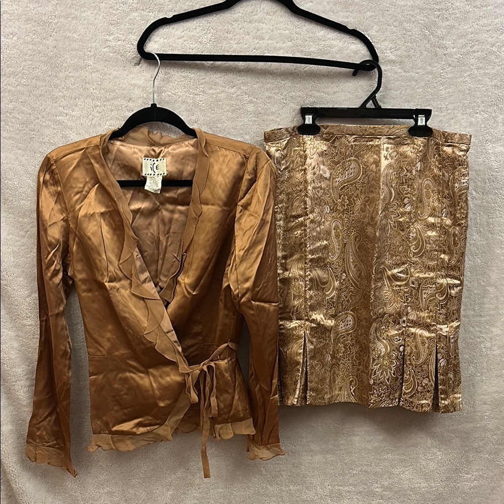 Tan, Cream, Champagne Mini Pleated Pencil Skirt & Matching Silk Blouse